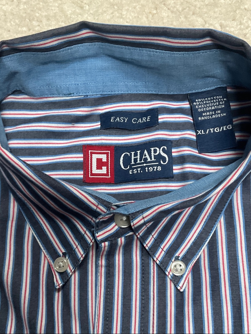 Chaps Men’s Blue Striped Button-Down Shirt with Red & White Stripes